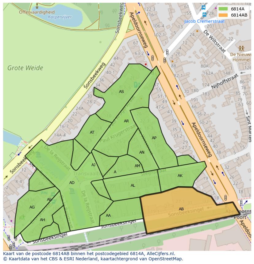 Afbeelding van het postcodegebied 6814 AB op de kaart.