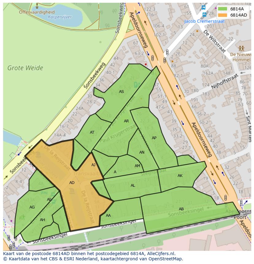 Afbeelding van het postcodegebied 6814 AD op de kaart.