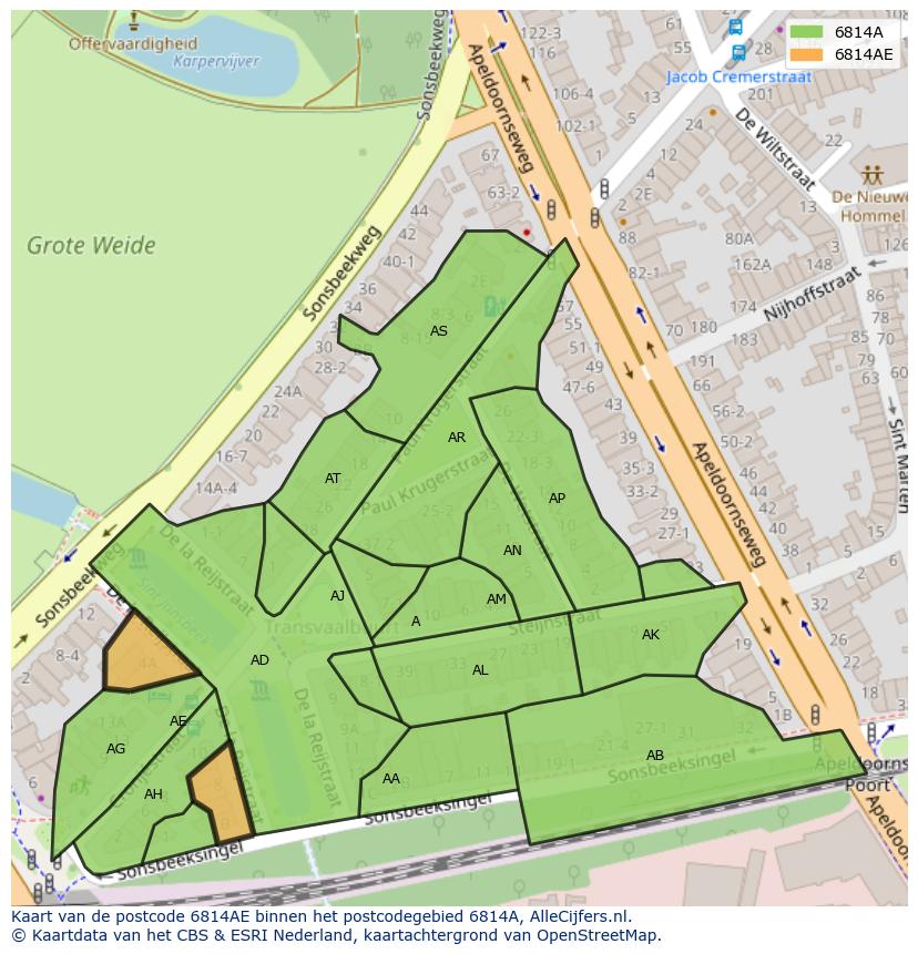 Afbeelding van het postcodegebied 6814 AE op de kaart.