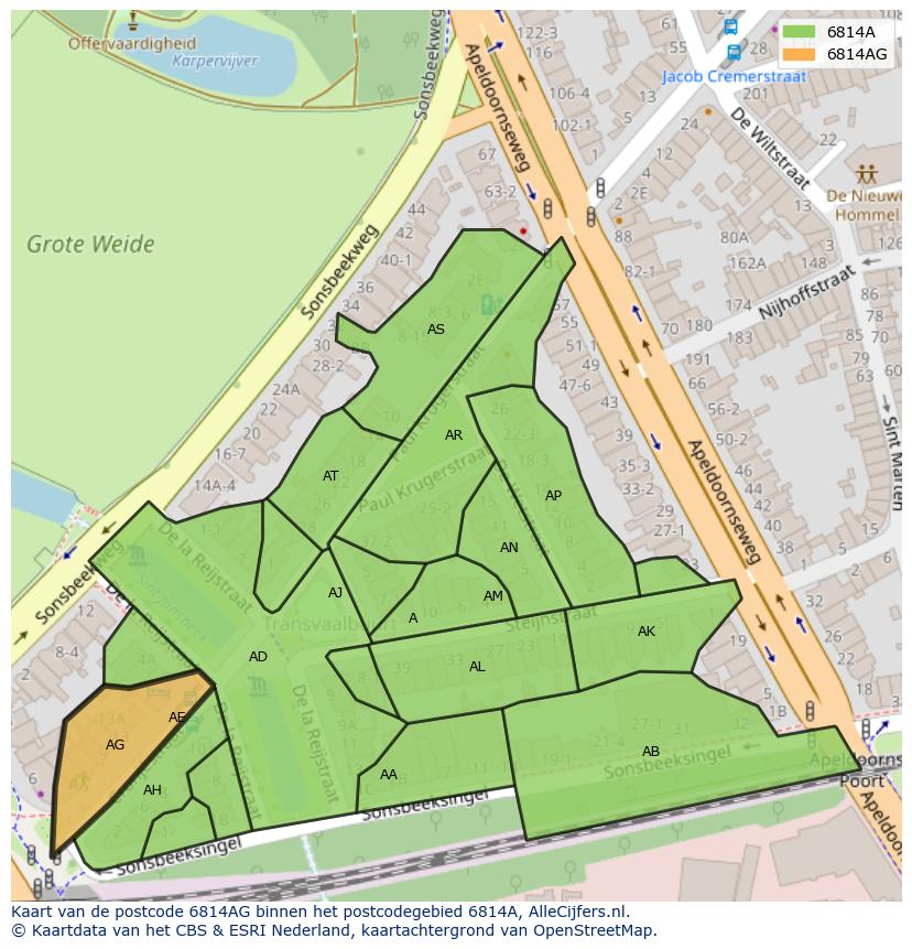 Afbeelding van het postcodegebied 6814 AG op de kaart.
