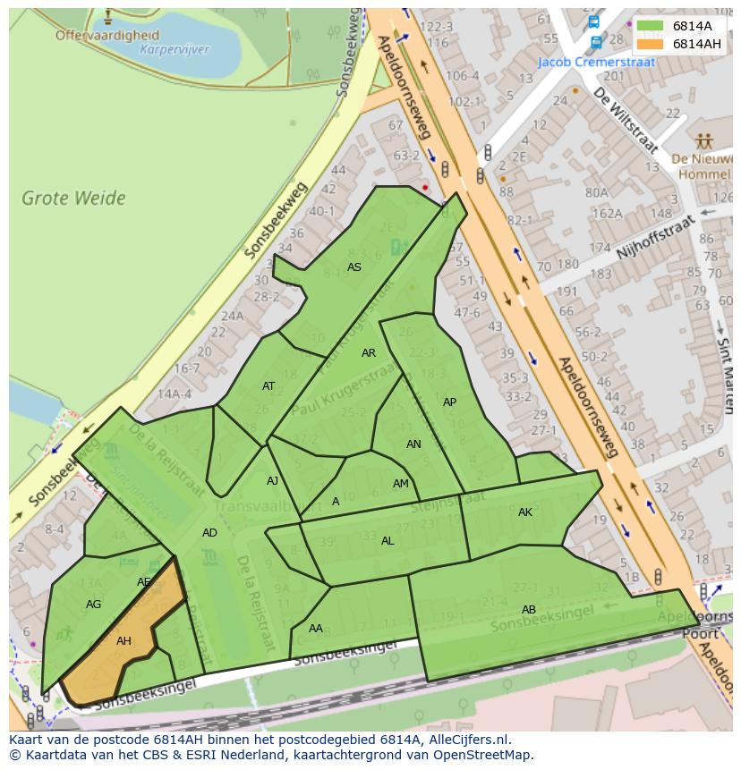 Afbeelding van het postcodegebied 6814 AH op de kaart.