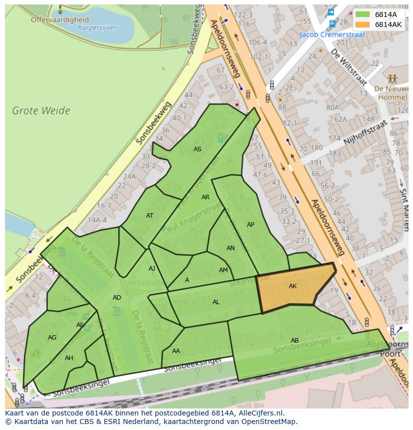 Afbeelding van het postcodegebied 6814 AK op de kaart.