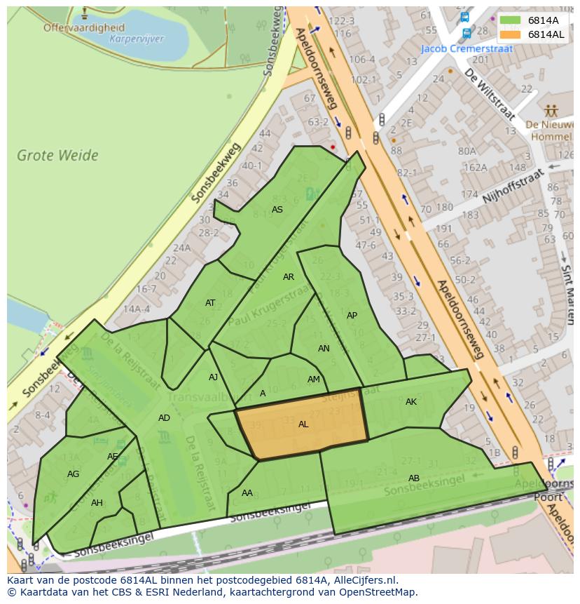 Afbeelding van het postcodegebied 6814 AL op de kaart.