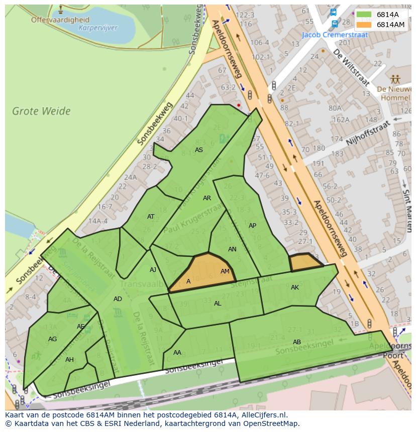 Afbeelding van het postcodegebied 6814 AM op de kaart.