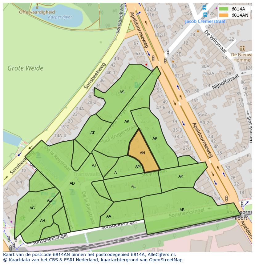 Afbeelding van het postcodegebied 6814 AN op de kaart.