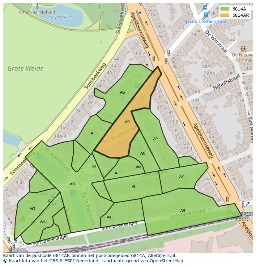 Afbeelding van het postcodegebied 6814 AR op de kaart.