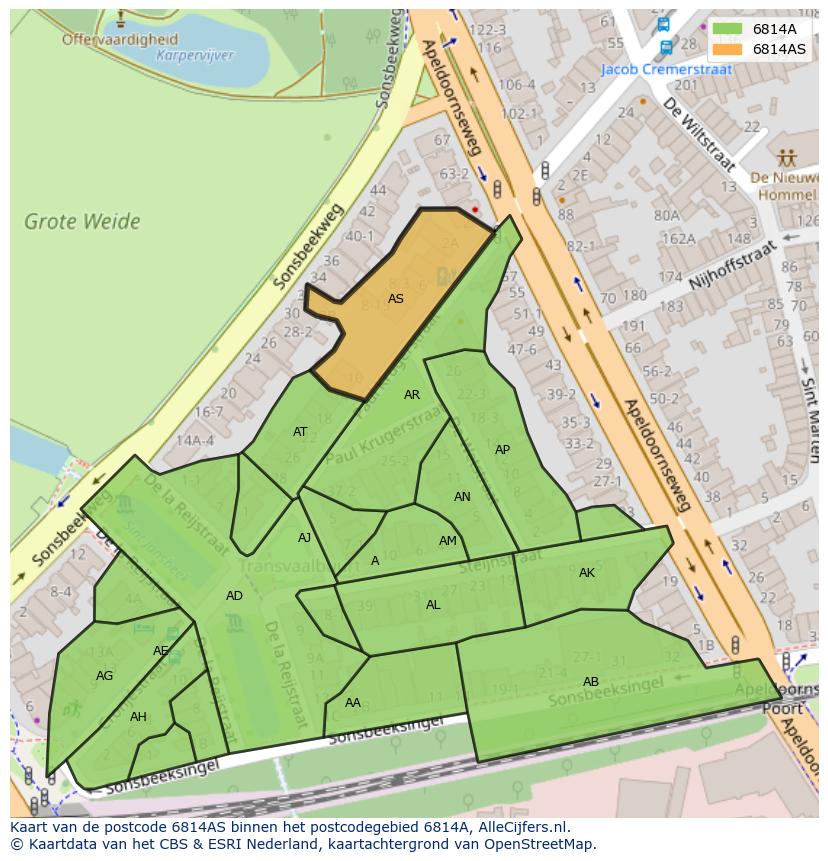 Afbeelding van het postcodegebied 6814 AS op de kaart.