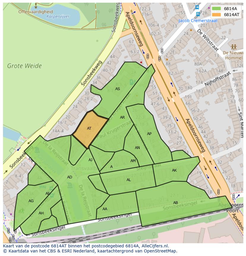 Afbeelding van het postcodegebied 6814 AT op de kaart.