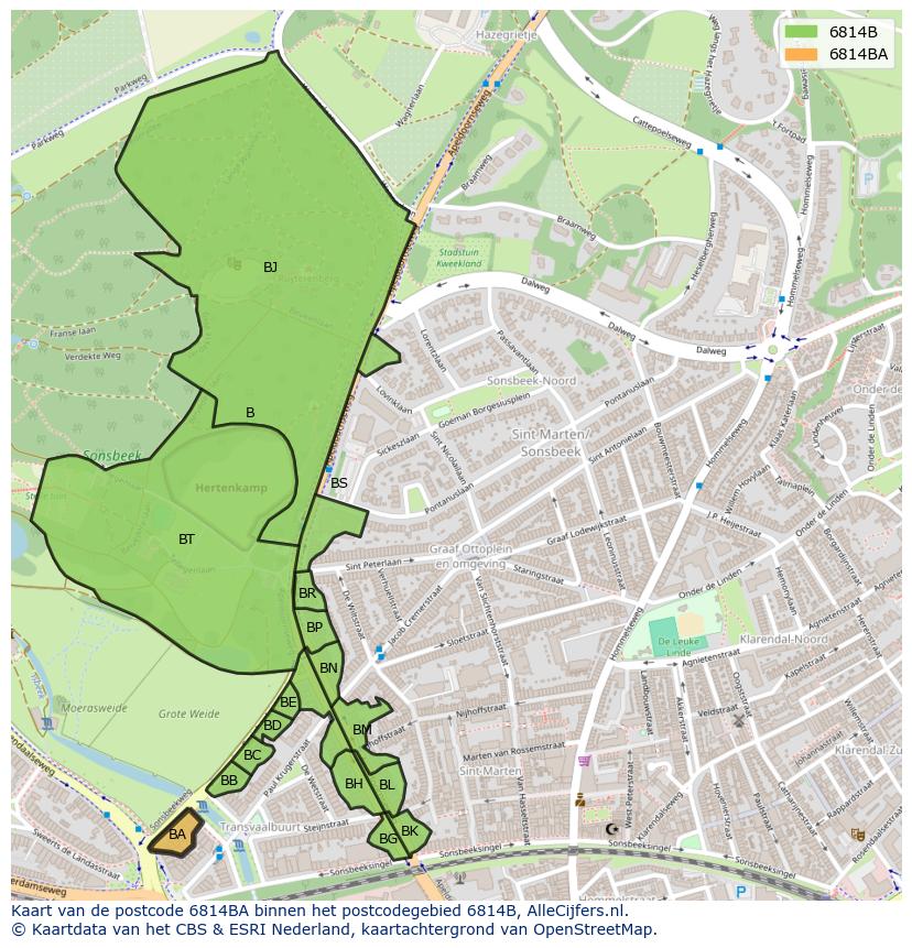 Afbeelding van het postcodegebied 6814 BA op de kaart.