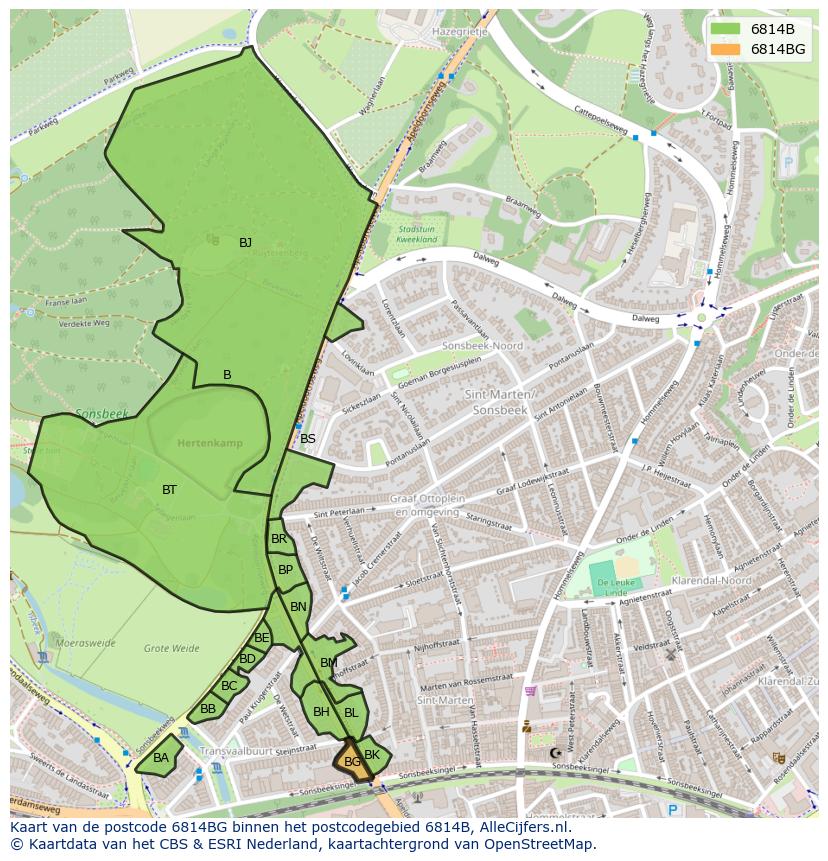 Afbeelding van het postcodegebied 6814 BG op de kaart.