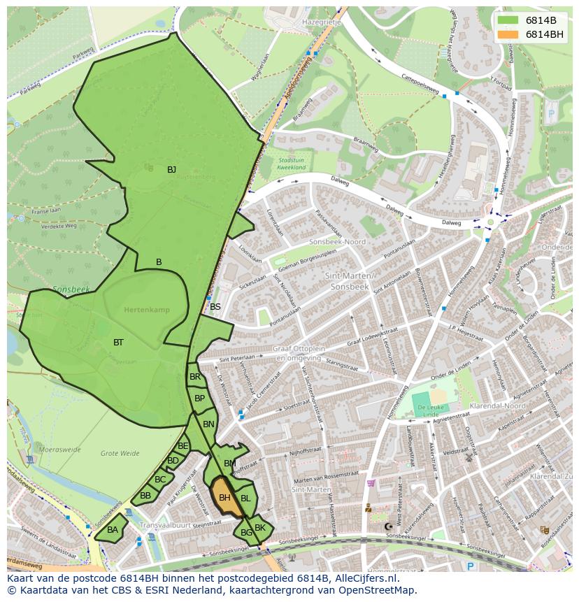 Afbeelding van het postcodegebied 6814 BH op de kaart.