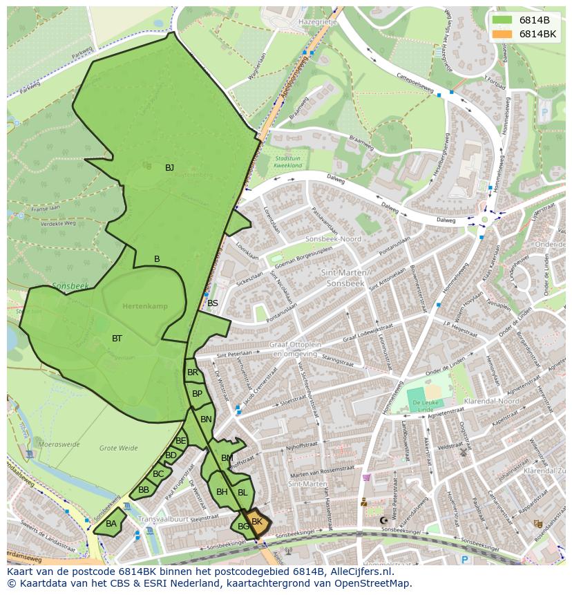Afbeelding van het postcodegebied 6814 BK op de kaart.