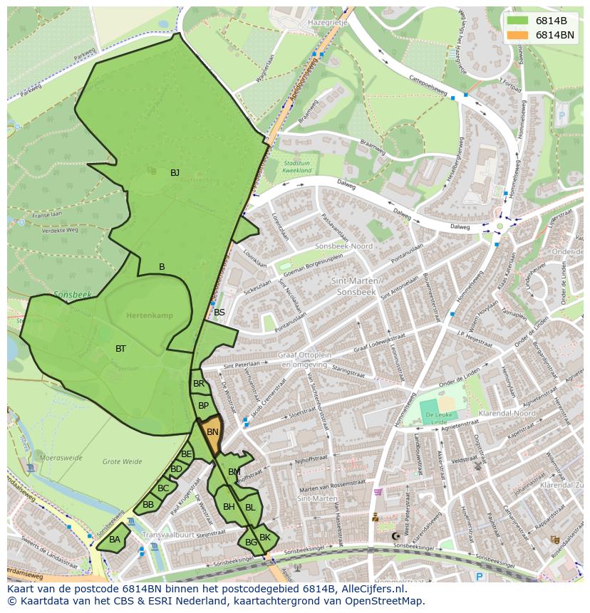 Afbeelding van het postcodegebied 6814 BN op de kaart.