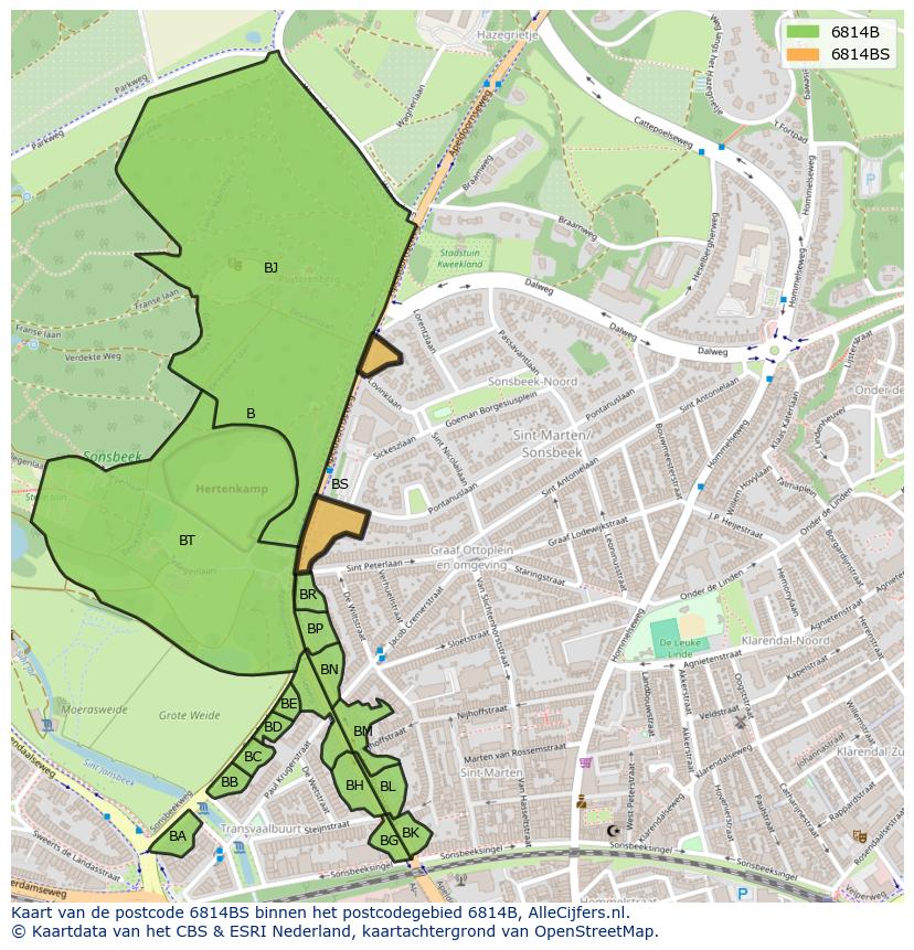 Afbeelding van het postcodegebied 6814 BS op de kaart.