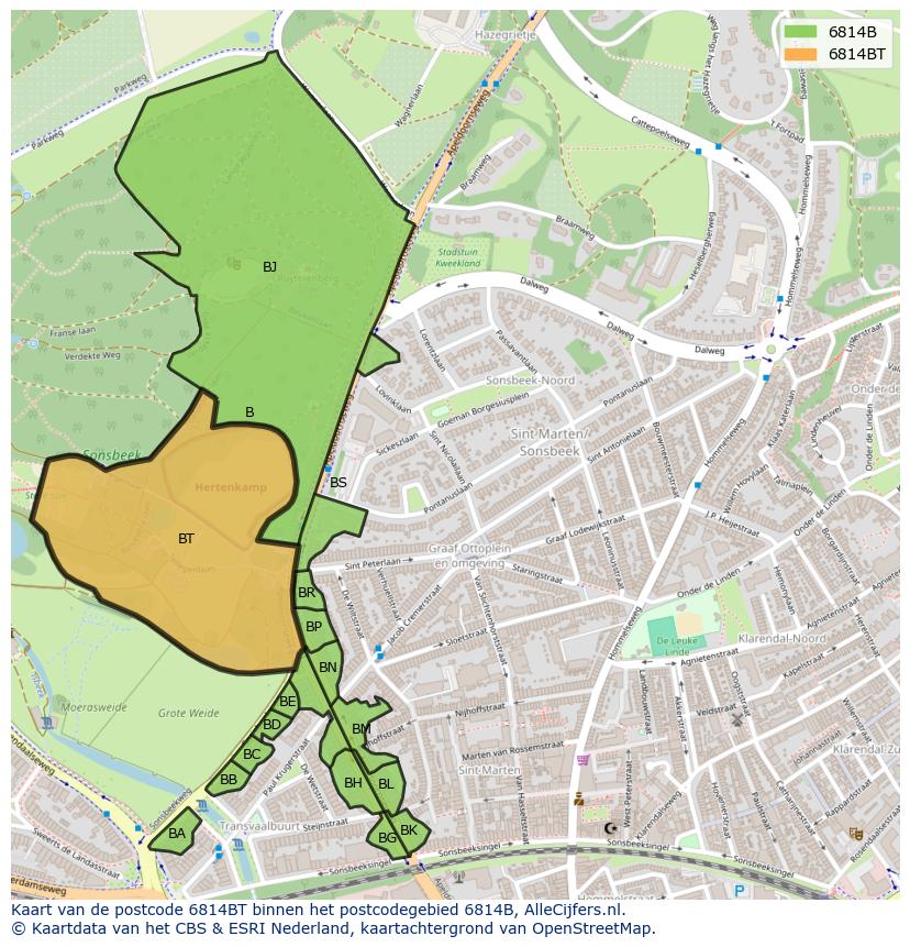 Afbeelding van het postcodegebied 6814 BT op de kaart.