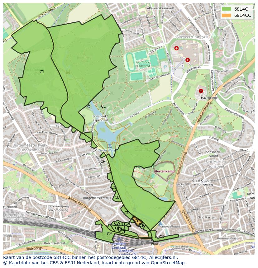 Afbeelding van het postcodegebied 6814 CC op de kaart.