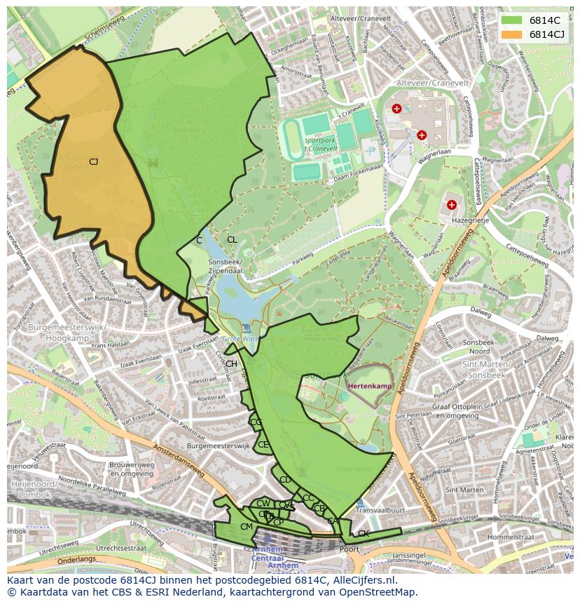 Afbeelding van het postcodegebied 6814 CJ op de kaart.