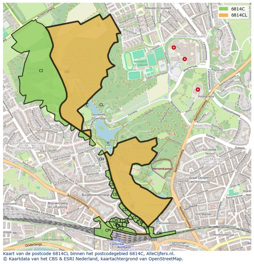 Afbeelding van het postcodegebied 6814 CL op de kaart.