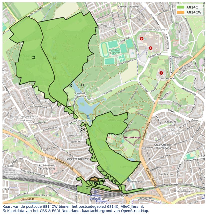 Afbeelding van het postcodegebied 6814 CW op de kaart.