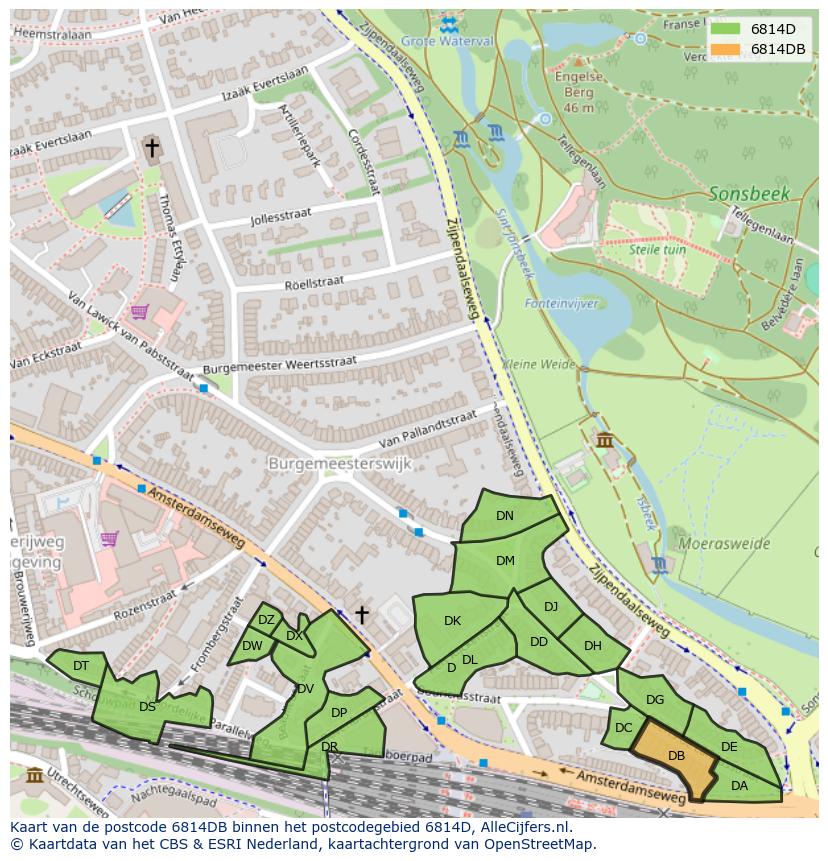 Afbeelding van het postcodegebied 6814 DB op de kaart.