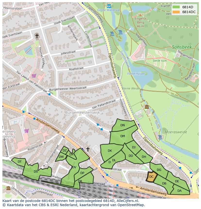 Afbeelding van het postcodegebied 6814 DC op de kaart.