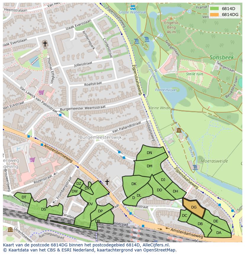 Afbeelding van het postcodegebied 6814 DG op de kaart.