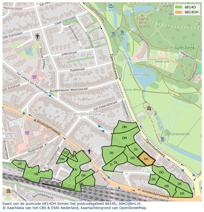Afbeelding van het postcodegebied 6814 DH op de kaart.