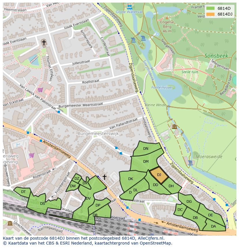 Afbeelding van het postcodegebied 6814 DJ op de kaart.