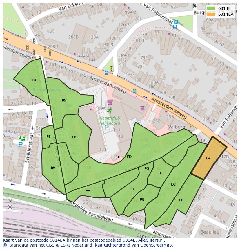Afbeelding van het postcodegebied 6814 EA op de kaart.