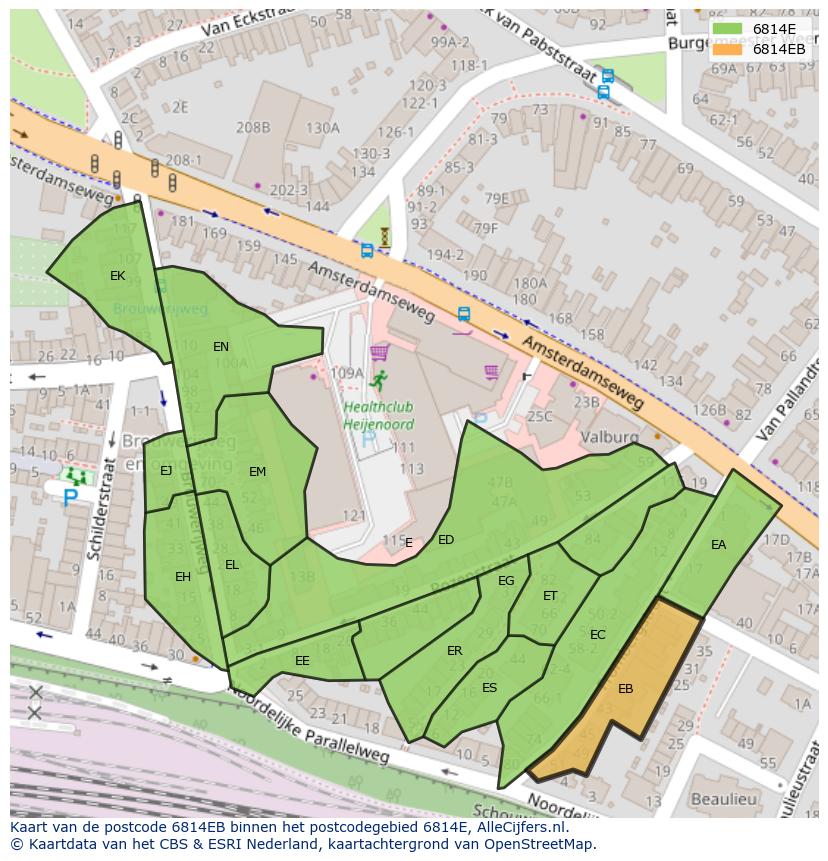 Afbeelding van het postcodegebied 6814 EB op de kaart.