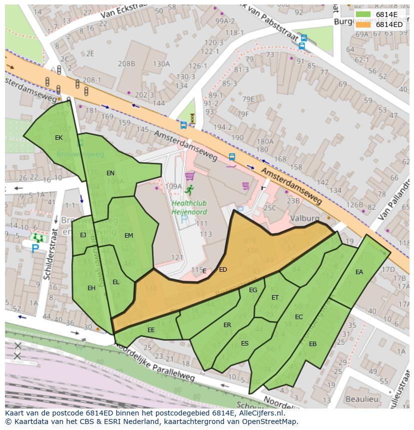 Afbeelding van het postcodegebied 6814 ED op de kaart.