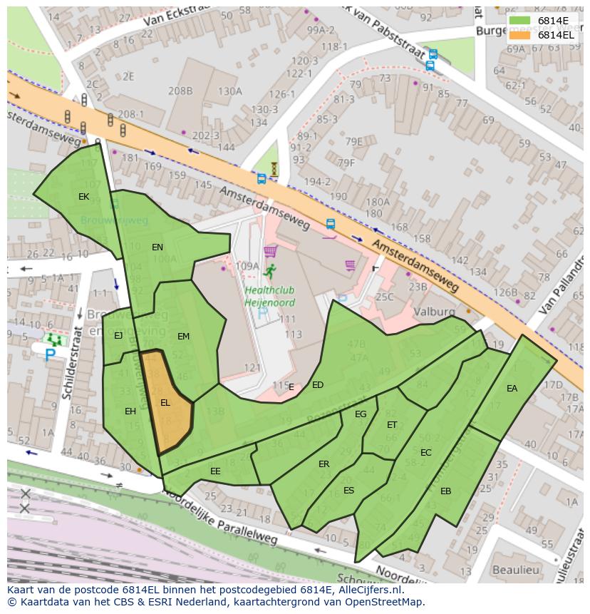 Afbeelding van het postcodegebied 6814 EL op de kaart.