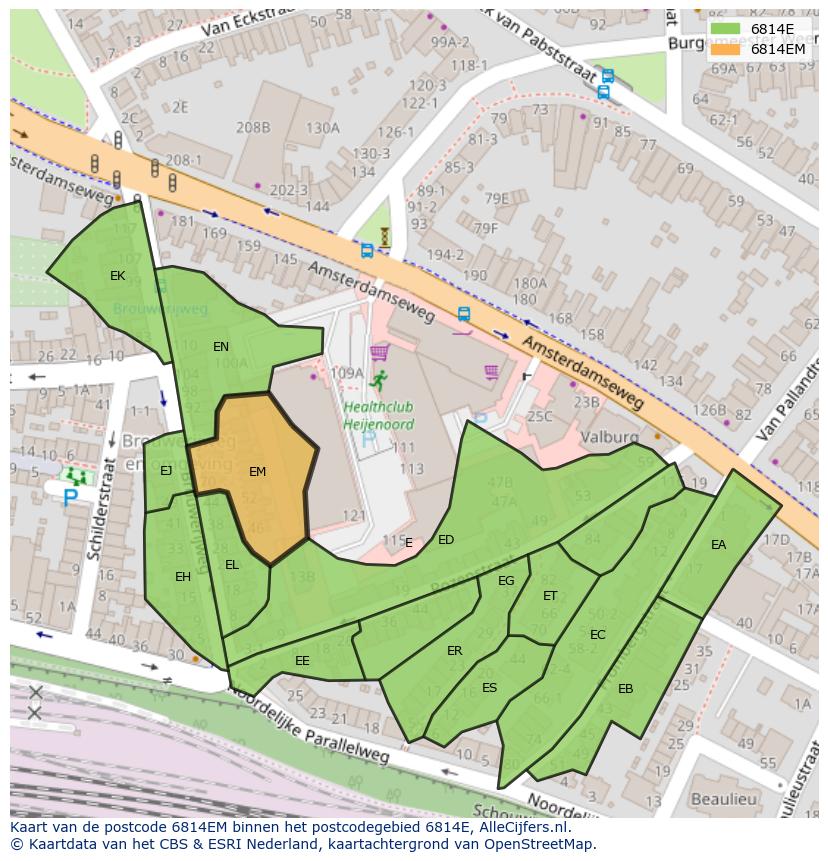 Afbeelding van het postcodegebied 6814 EM op de kaart.