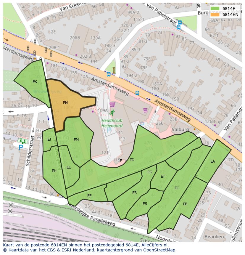Afbeelding van het postcodegebied 6814 EN op de kaart.