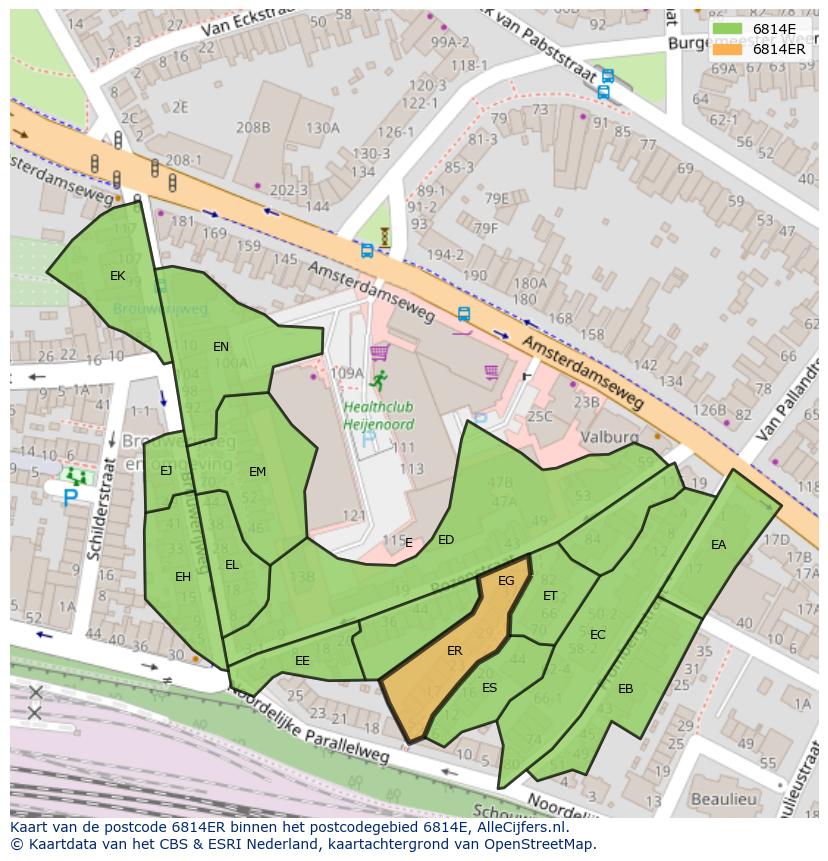 Afbeelding van het postcodegebied 6814 ER op de kaart.