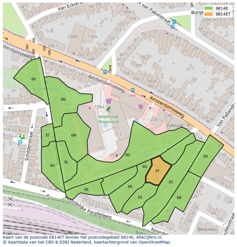 Afbeelding van het postcodegebied 6814 ET op de kaart.