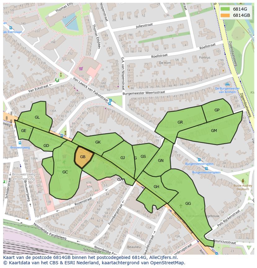 Afbeelding van het postcodegebied 6814 GB op de kaart.