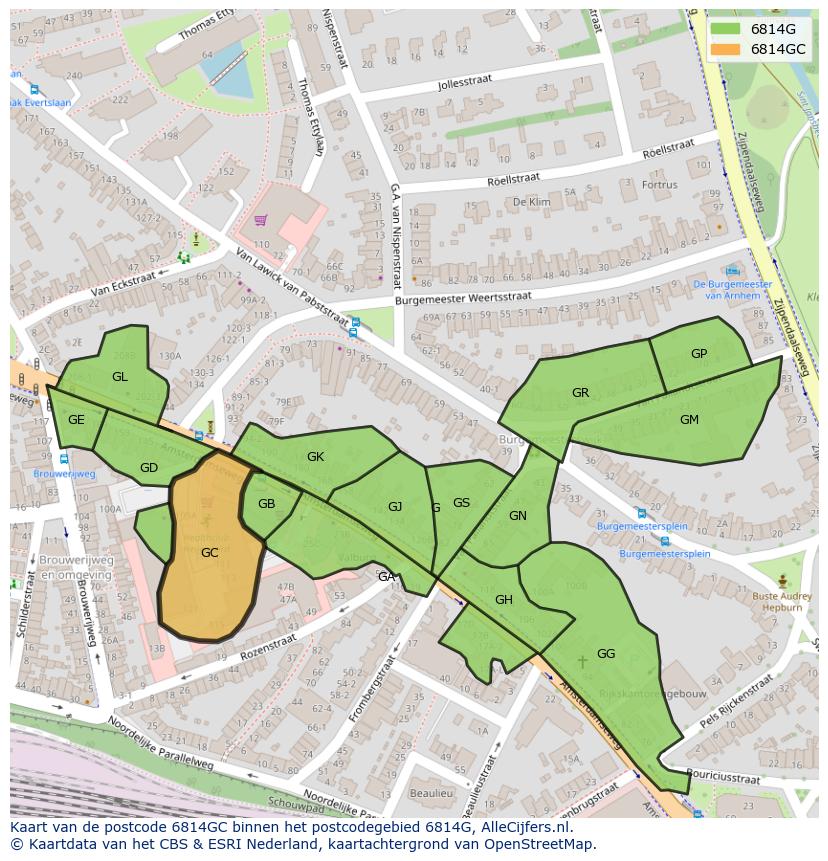Afbeelding van het postcodegebied 6814 GC op de kaart.