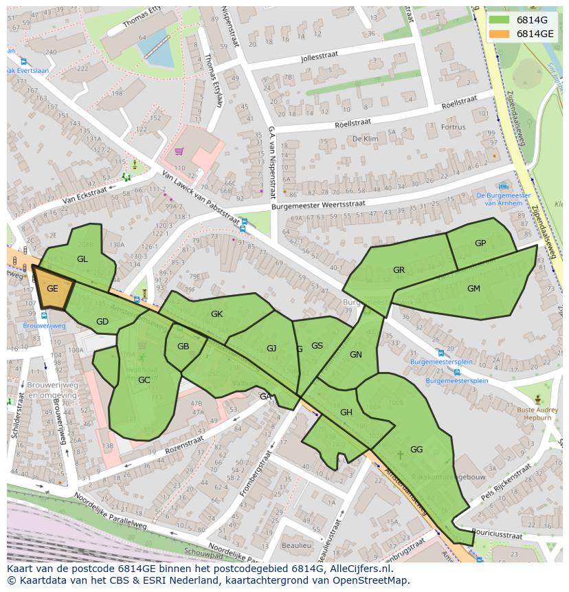 Afbeelding van het postcodegebied 6814 GE op de kaart.