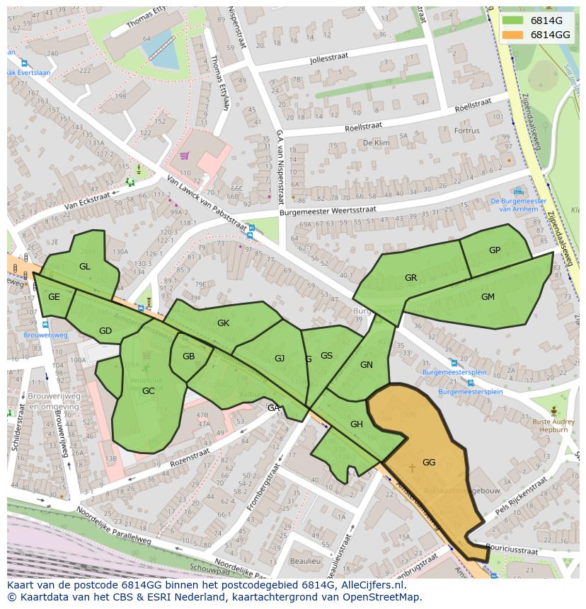 Afbeelding van het postcodegebied 6814 GG op de kaart.