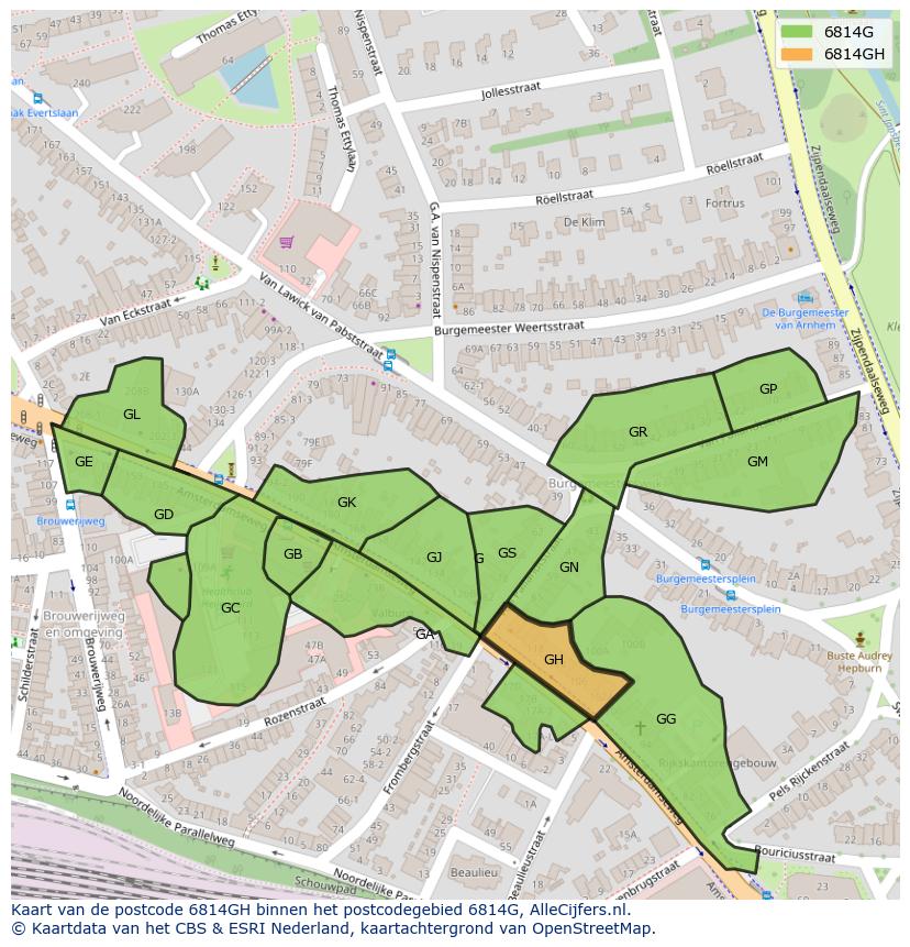 Afbeelding van het postcodegebied 6814 GH op de kaart.