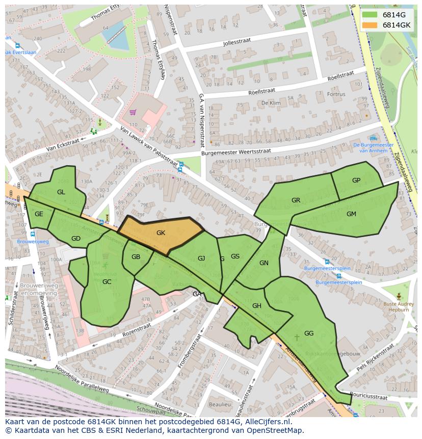 Afbeelding van het postcodegebied 6814 GK op de kaart.