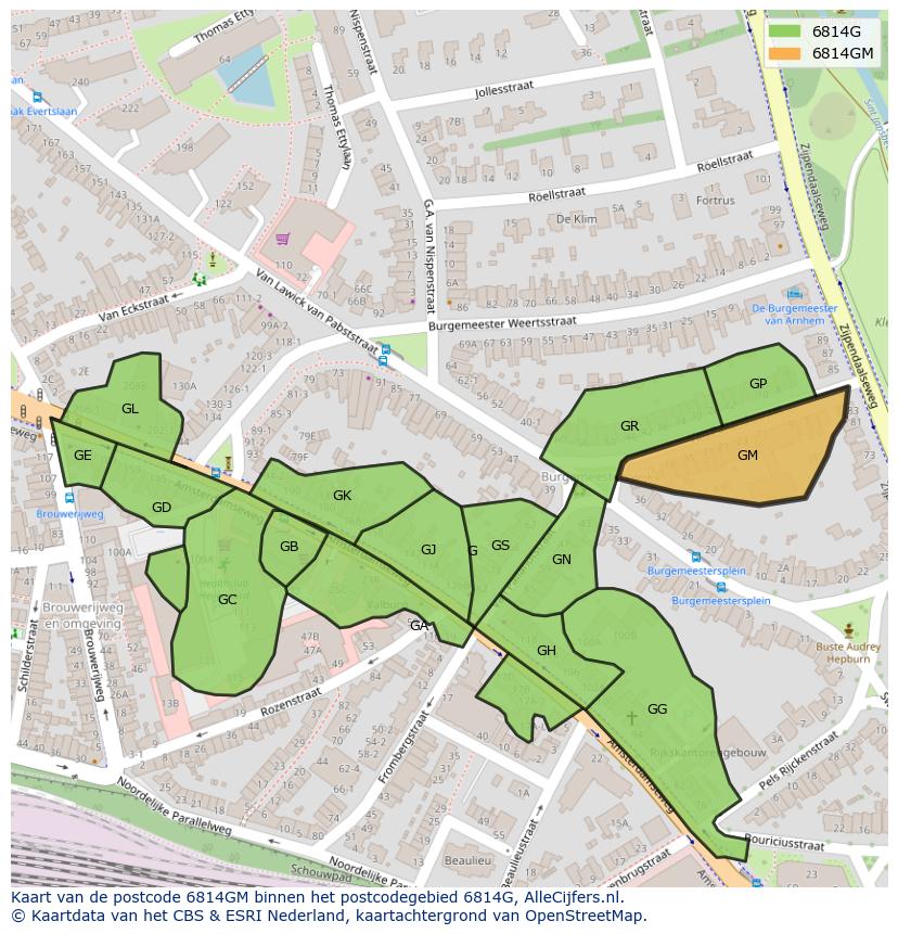 Afbeelding van het postcodegebied 6814 GM op de kaart.