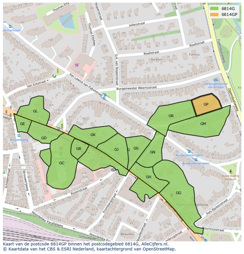 Afbeelding van het postcodegebied 6814 GP op de kaart.