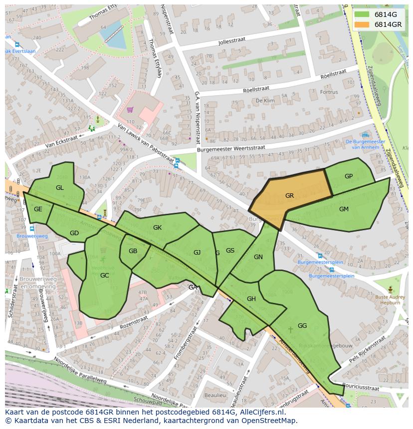 Afbeelding van het postcodegebied 6814 GR op de kaart.