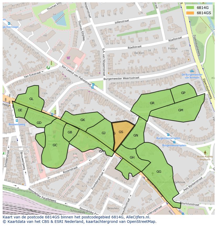 Afbeelding van het postcodegebied 6814 GS op de kaart.