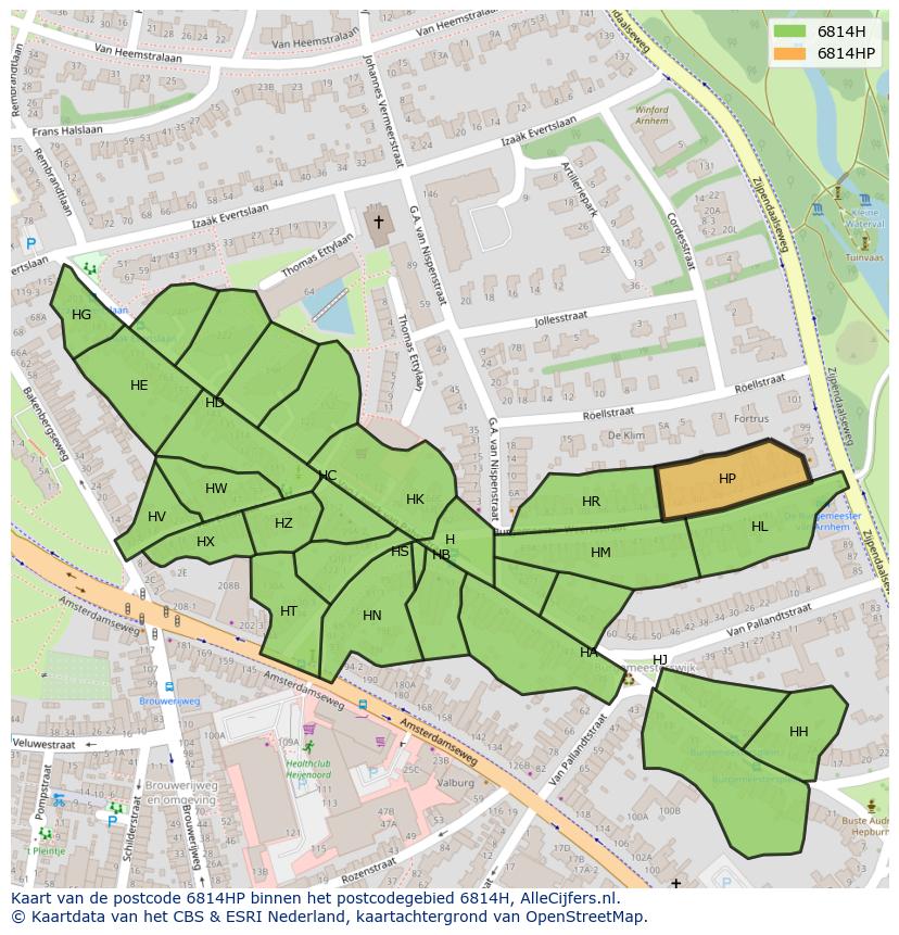 Afbeelding van het postcodegebied 6814 HP op de kaart.