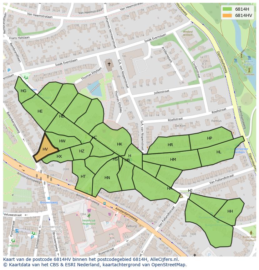 Afbeelding van het postcodegebied 6814 HV op de kaart.