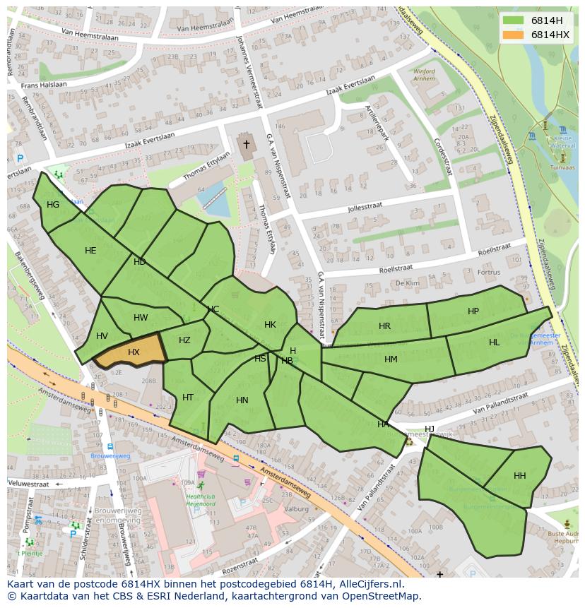 Afbeelding van het postcodegebied 6814 HX op de kaart.