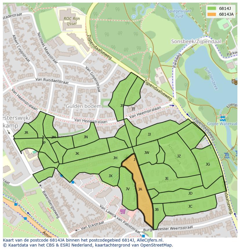 Afbeelding van het postcodegebied 6814 JA op de kaart.